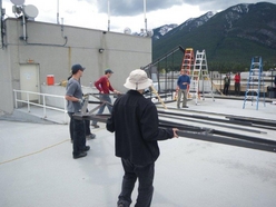 Moving the first truss into place.